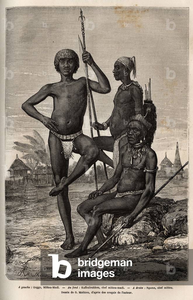 The chiefs of the mitall tribes in the vicinity of Mvolo (Sudan), (from left to right, Goggo, Kaffouloukkou, Ngama), engraved after the drawing of O.Mathieu, illustrating the journey to the heart of Africa in 1868-1871, by Dr. Georges Schweinfurth, published in “” Le tour du monde”” 1874, directed by Edouard Charlotte Hachette edition, Paris. Selva Collection.