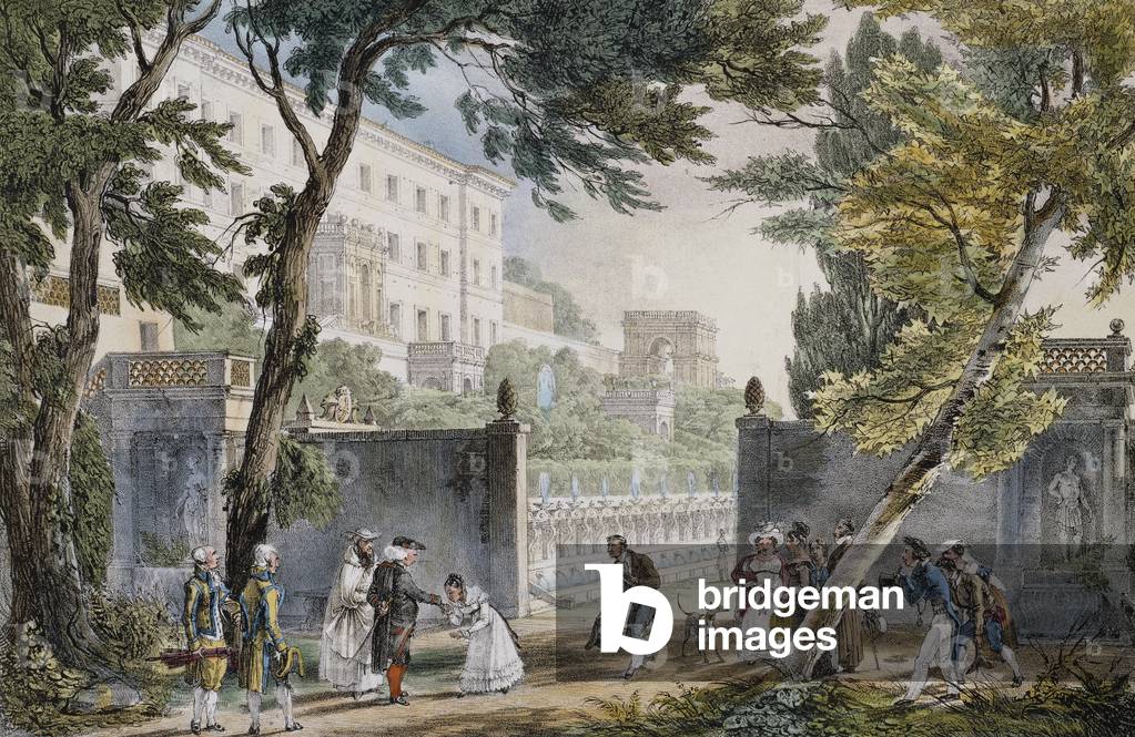 Una villa: scena d'incontro della nobiltà - incisione di Giovanni Battista (Jean-Baptiste) Thomas (1791-1833),