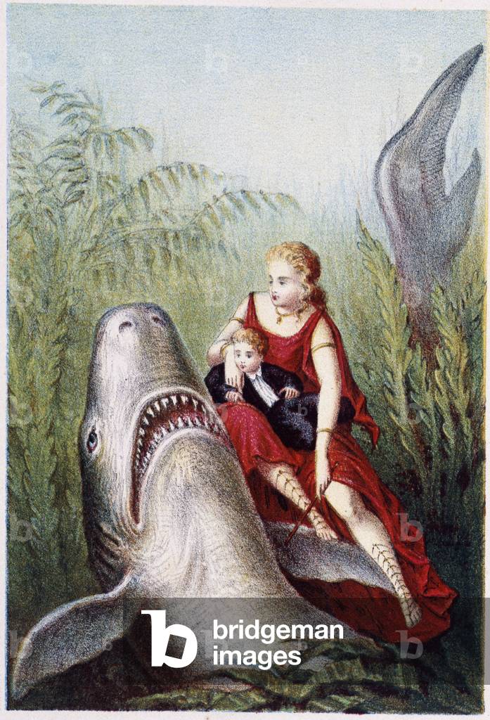 A woman and a boy riding on a shark - in “” Journey to the bottom of the sea”” by H. de la Blanchère. Paris, ed. Jouvet et Cie, sd. 1880.