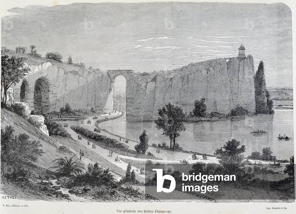 General view of Buttes chaumont, engraving 19th century