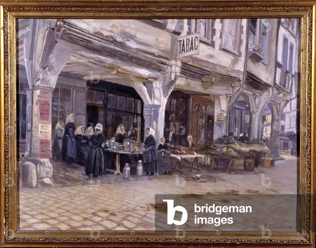 Mercato sotto i portici a Dinan - di F. Gombeaux, fine XIX secolo