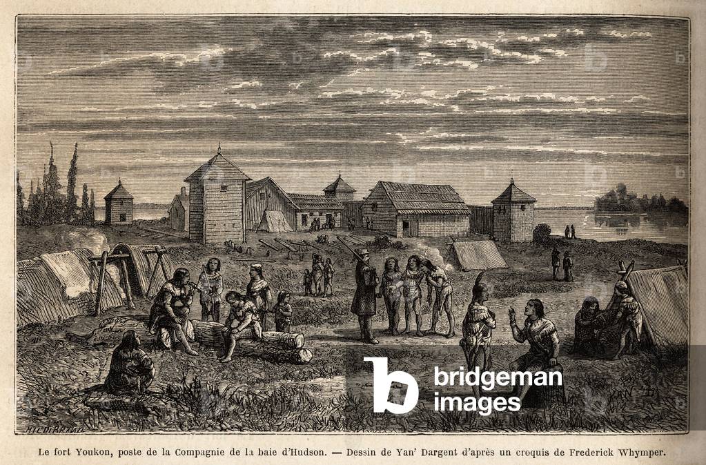 Fort Youkon, in the Gulf of Norton, Alaska, founded in 1847, an establishment of the Hudson Bay Company, Indians encamped around the palisades. Engraving to illustrate the voyage and adventures in English Colombia, Vancouver Island and Alaska, by Frederick Whymper, 1864-1867, published in “” Le tour du monde””” 1869, edited by Edouard Charton, Hachette edition, Paris. Selva Collection.