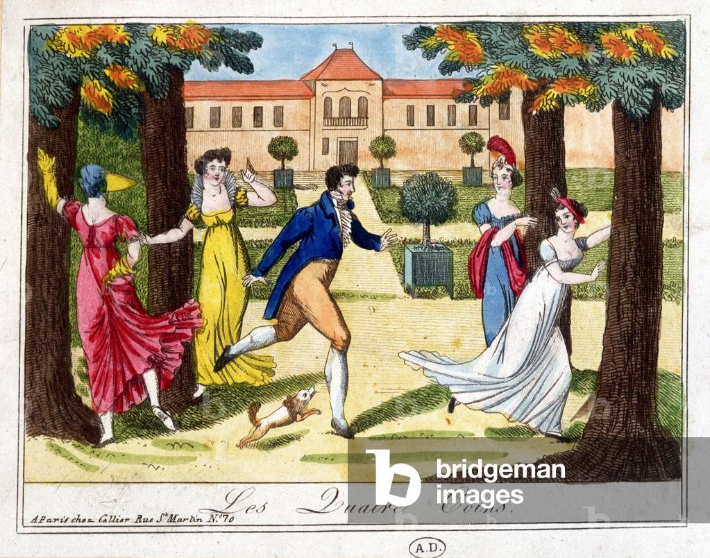 The game of the four corners. Engraving early 19th century.