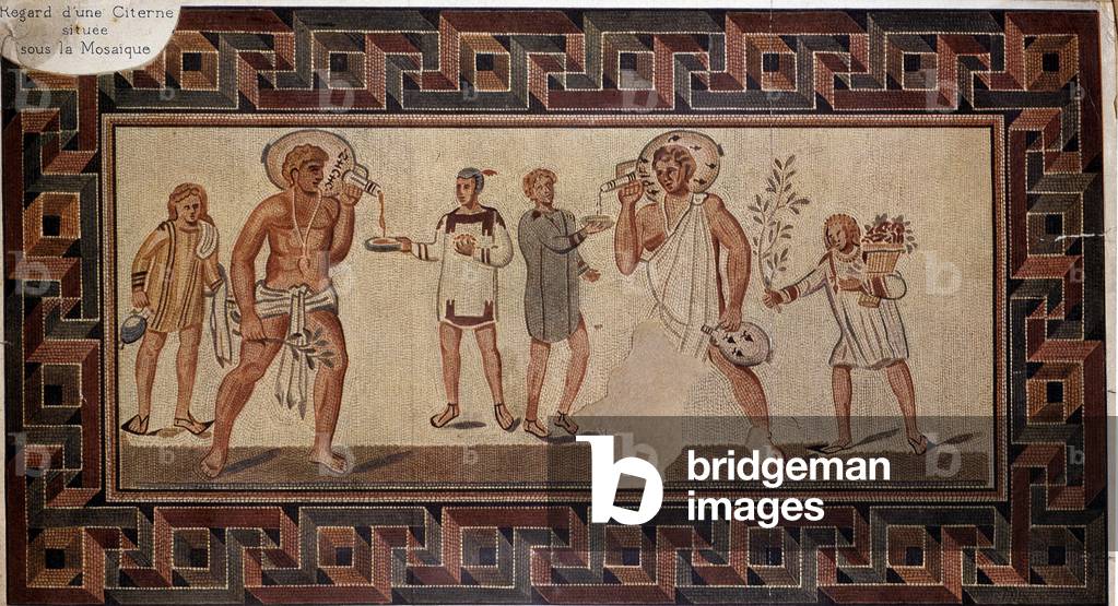 Men pouring olive oil - Fac-simile of the ancient mosaic of Dougga (Tunisia)