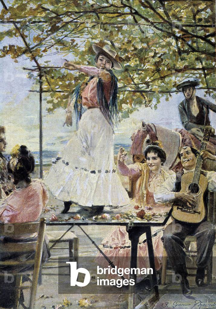 "Spagnolo ballerino su un tavolo e l'uomo che suona la chitarra (flamenco)" di Unknown Artist