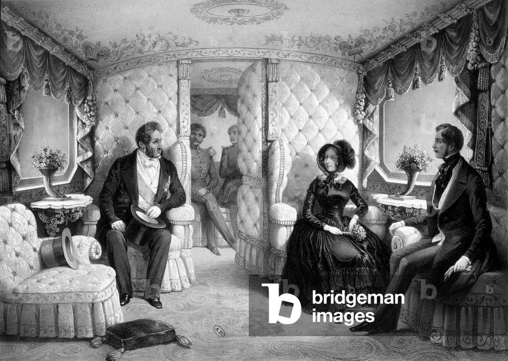 Meeting of Louis Philippe I with Queen Victoria I (1819 - 1901) and Albert on a train, circa 1850