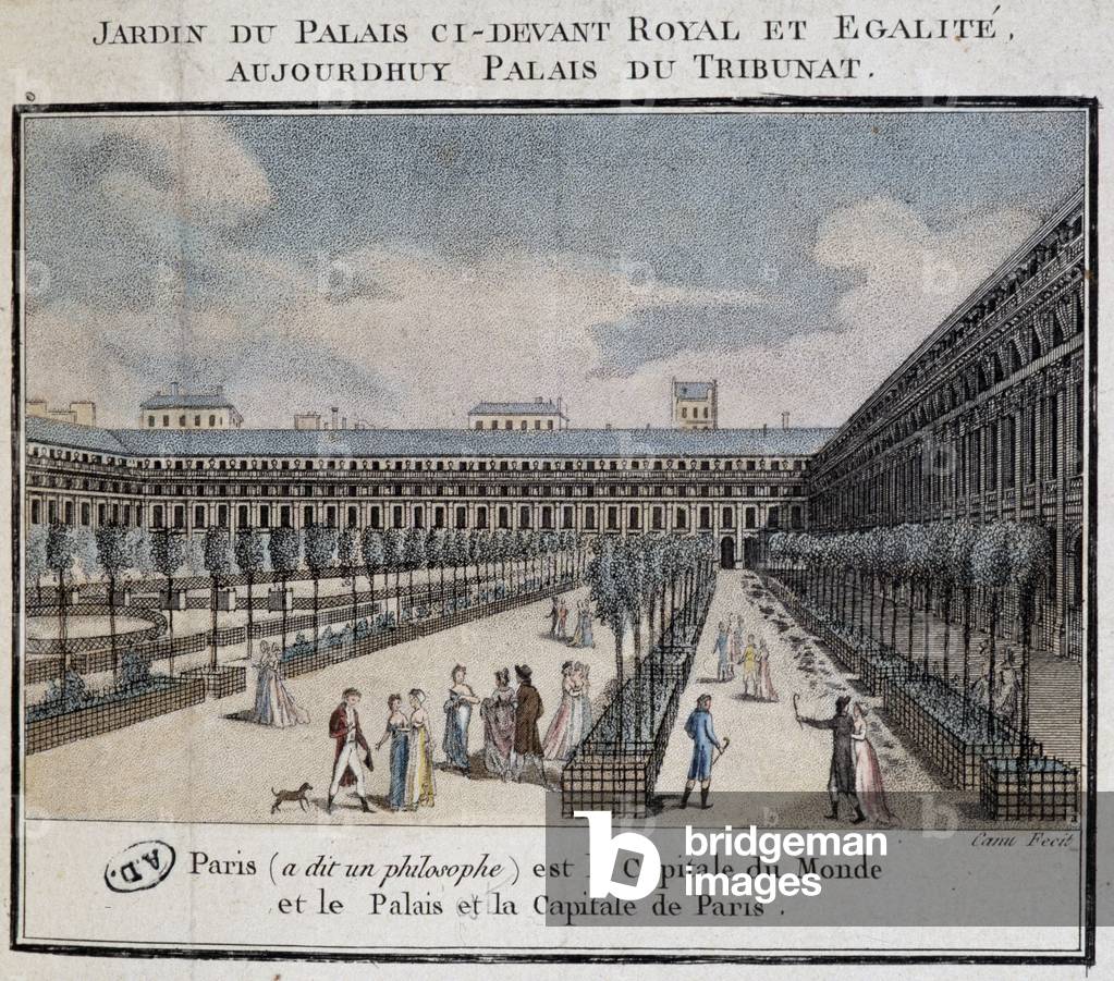 Blick auf den Königspalast (Palais du Tribunat) mit Garten und Wanderern, 1801.