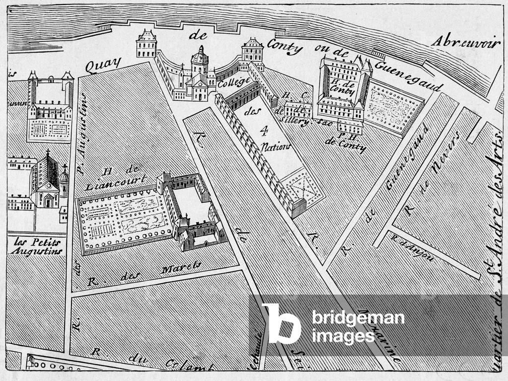 The district of the College des Quatre Nations (Four Nations) and the hotel Conti-Fac-Simile in the plan of J. de la Caille, 1715