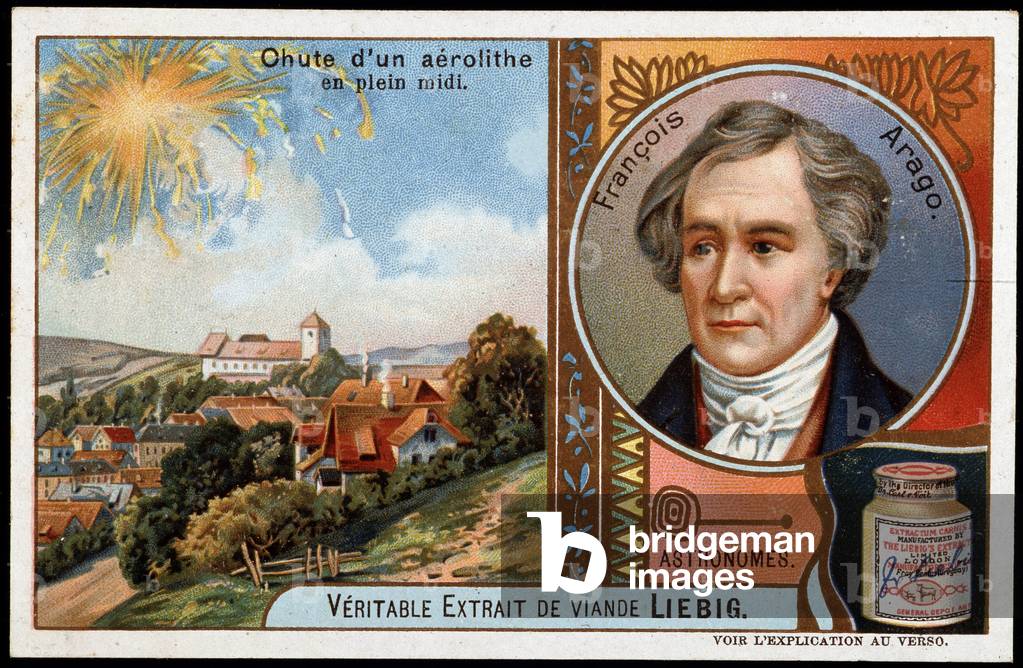 Astronomy: fall of an aerolith in the middle of noon, with the portrait of Francois Arago (1786-1853) - Liebig chromolithography, 19th century