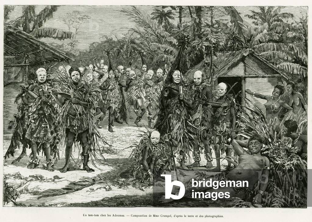 A tam-tam (tam tam) at the Adoumas. Engraving by Paule Crampel (1864-1964), to illustrate the story Au pays des M'Fans, voyage d'exploration by Paul Crampel in the north of Congo Francais, in 1888, by Harry Alis, in le tour du monde 1890, directed by Edouard Charton (1807-1890), Hachette, Paris.