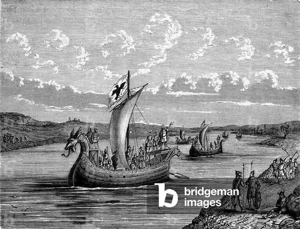 Norman ships up a river - engraving, 19th century