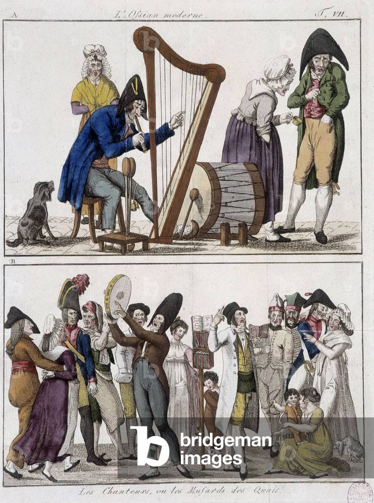 The modern Ossian (man orchestra) and “ The singers or the musards of the docks”, 19th century (Epinal print)