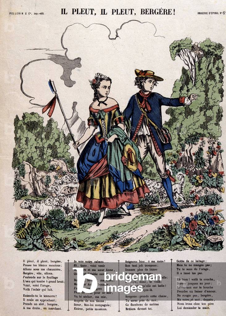French folk song “” It rains, it rains, shepherdess””, imagery Epinal, sd. 19th century