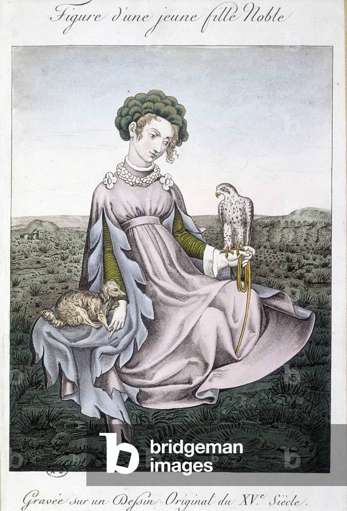 Noble girl with falcon and dog - from an original 15th century drawing