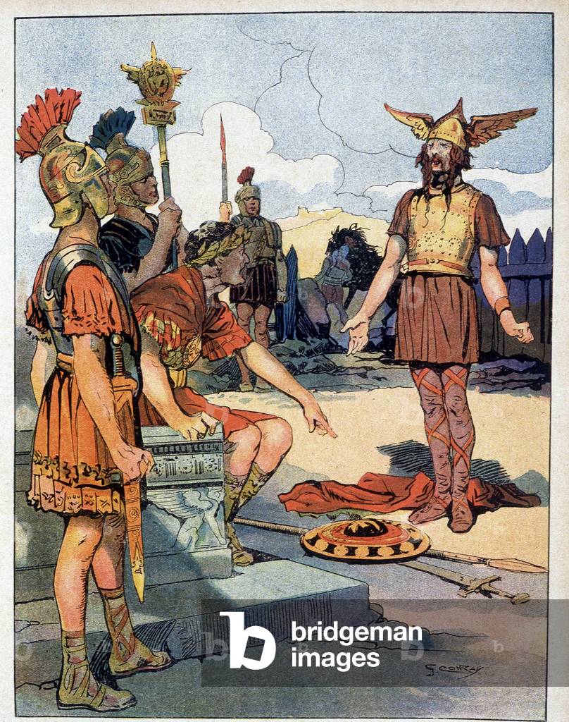 Vercingetorix (72-46 BC), leader of the Gallic rebellion, lays down arms at the feet of Cesar (100-44) after definitively losing the city of Alesia - In 