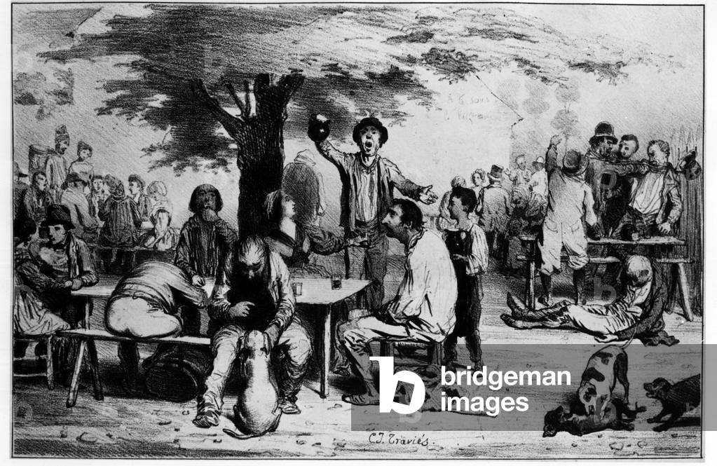 Wine and alcoholism in the 19th century at a meal: “When there is no more, there is no more, after us the deluge and ahead the wine has six sous”” - drawing by Travies in “The Joys of the Poor People”, 1840