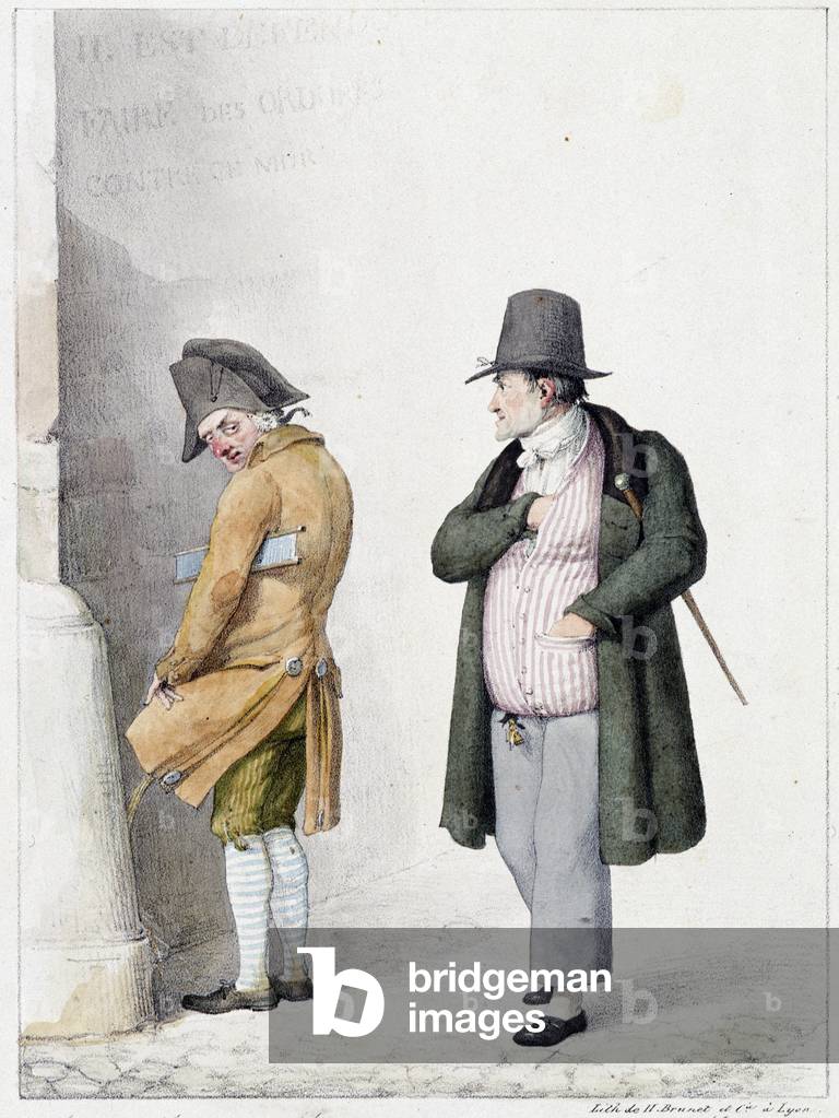 Image of Print depicting Man urinating against a wall and another passers-by - lithograph by Brunet by Horace 