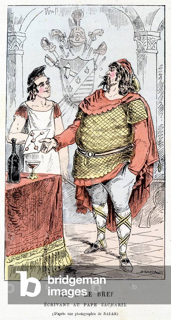Pépin le Brief Writing to Pope Zacharie - in “” Histoire de France Tintamarresque”” by Touchatout, 1872