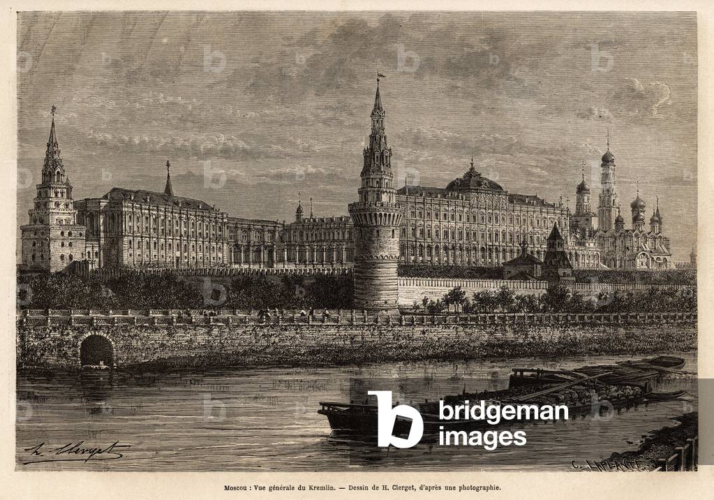 General view of the Kremlin, the geographic center of Moscow and the political center of Russia, the neighborhood built in the 14th century has always been expanded and restored throughout the country's historical peripeties. Engraving to illustrate La Russie libre, by William Hepworth Dixon, in 1869, published in “” Le tour du monde””” 1872, edited by Edouard Charton, Hachette edition, Paris. Selva Collection.
