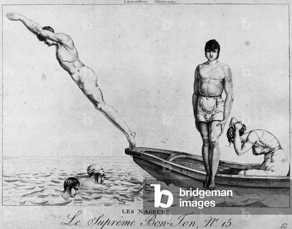 Parisian cartoon: swimmers, men diving from a boat - the supreme Bon-Ton, n°15, Musee Carnavalet, 19th century