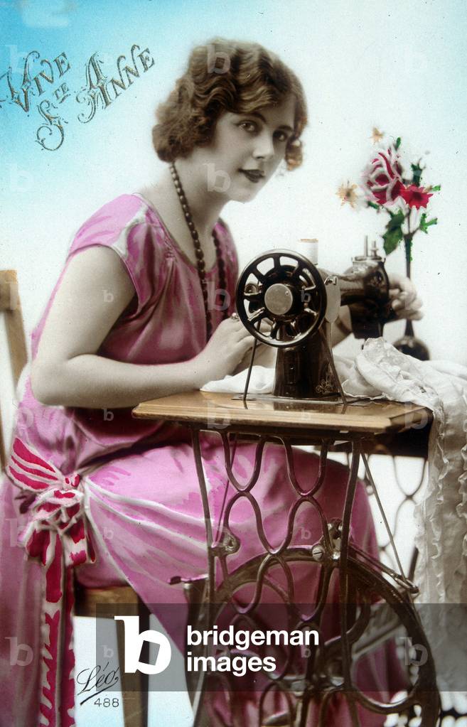Postcard “Vive Sainte Anne” depicting a seamstress.