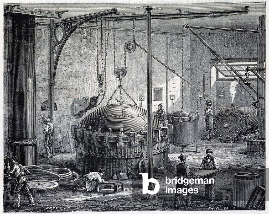 Boilers for vulcanizing rubber by wet steam - in “” The wonders of industry”” by Louis Figuier, 19th century