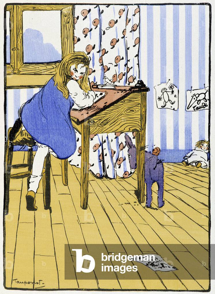 Lusotte's plush donkey just trampled on her homework. In “” Lusotte and the stories we tell him”””. Drawing by M.J. Toupenot, 1917.