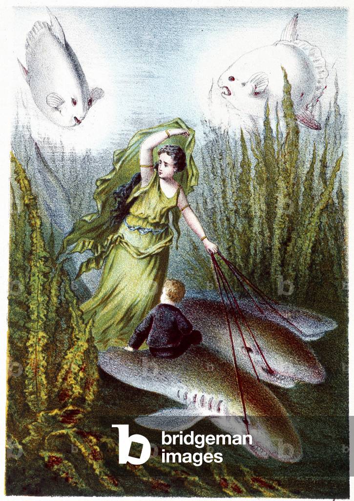 A woman and a boy fleeing giant fish on sharks - in “” Journey to the bottom of the sea”” by H. de la Blanchère. Paris, ed. Jouvet et Cie, sd. 1880.