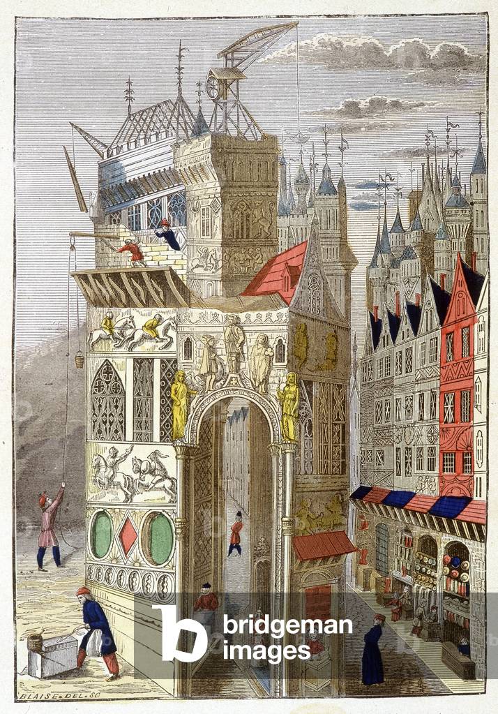 View of a rue de Paris in the 15th century, with its half-timbered houses and a church under construction.