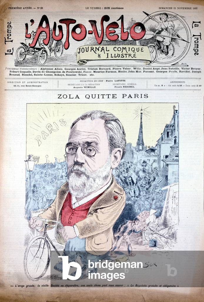 Zola leaves Paris by bike - in “” l'Auto-Vélo”” of 12/12/1897, Bibl. of the city of Paris.