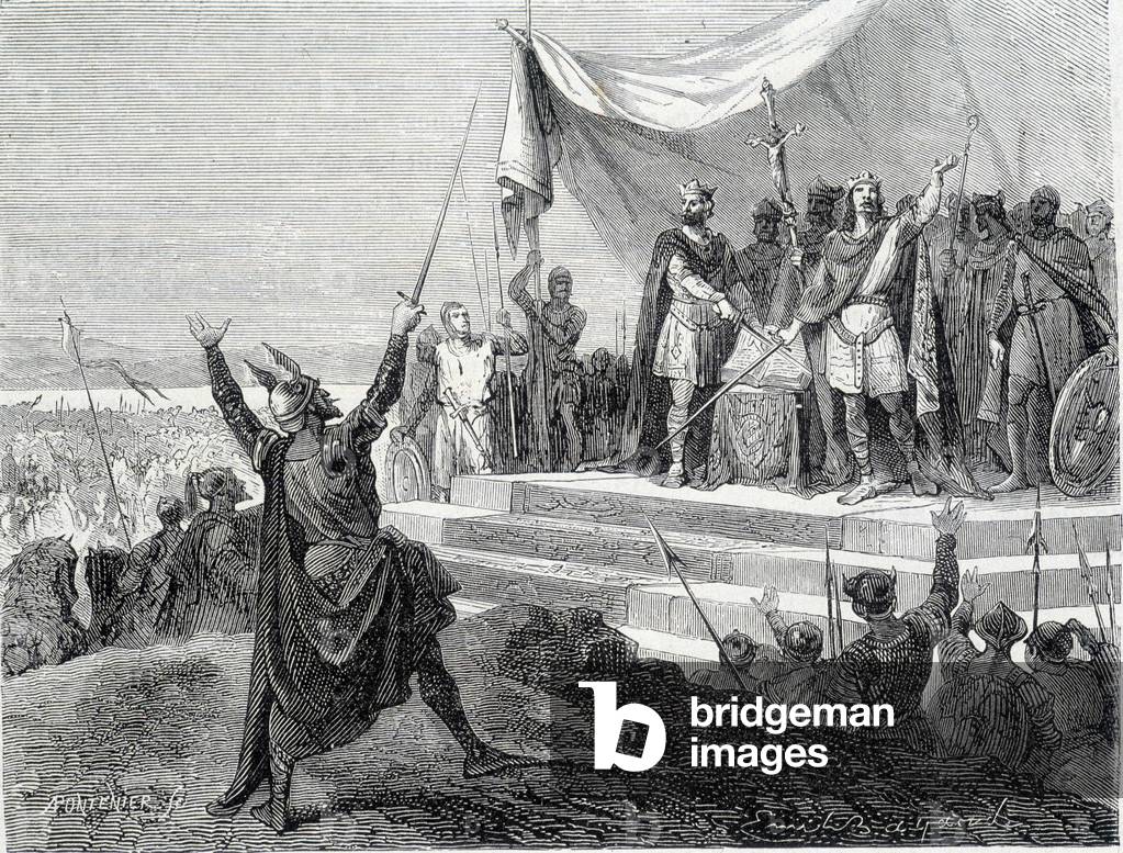 The oath of the two brothers before their armour: Charles II the Bald and Louis II the Germanic take the oath against Lothaire I (Oaths of Strasbourg 842). Engraving of the 19th century.