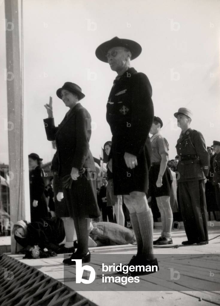 In Paris, Lady Baden Powell (Olave St Clair Soames, 1889-1977) and General Joseph Lafont (1874-1961) review 35,000 Scouts - Photography July 1945