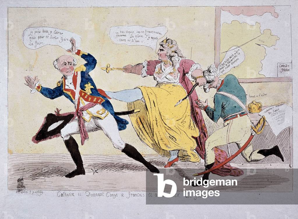 Catherine II, die François und Braunschweig den Foireux, Karikatur, Ende 18. Jh.