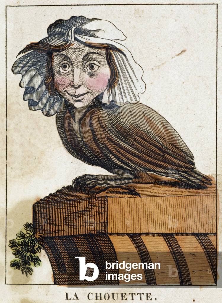La chouette in Caricature, study of character “” volatile caracterise”” sd. 19th, popular imagery.