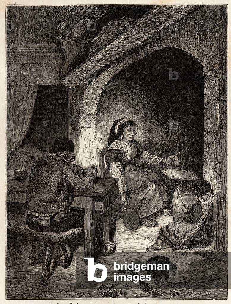 Un foyer d'auberge à Saint Cernin, engraving to illustrate a voyage to the volcanoes of central France in 1864, in “Le tour du monde, nouveau journal des voyages”” published under the direction of Edouard Charton, 1866, Paris. Selva Collection.