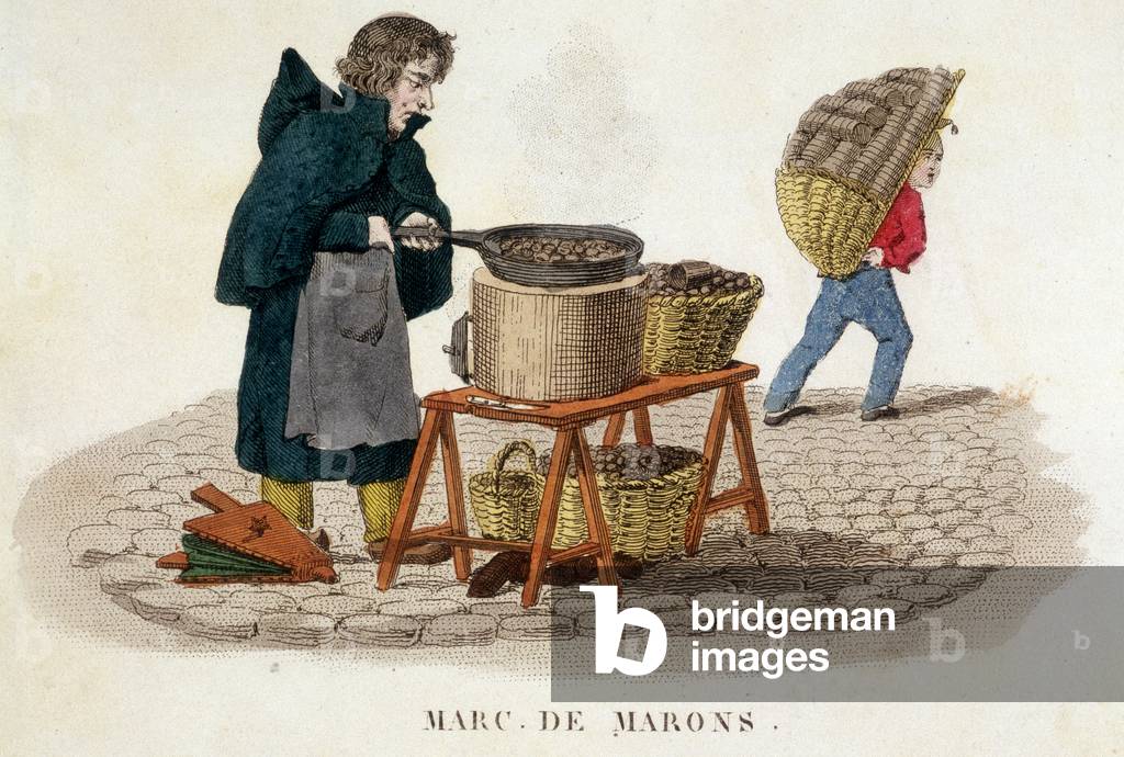 Marchand of chestnuts - engraving, 19th century