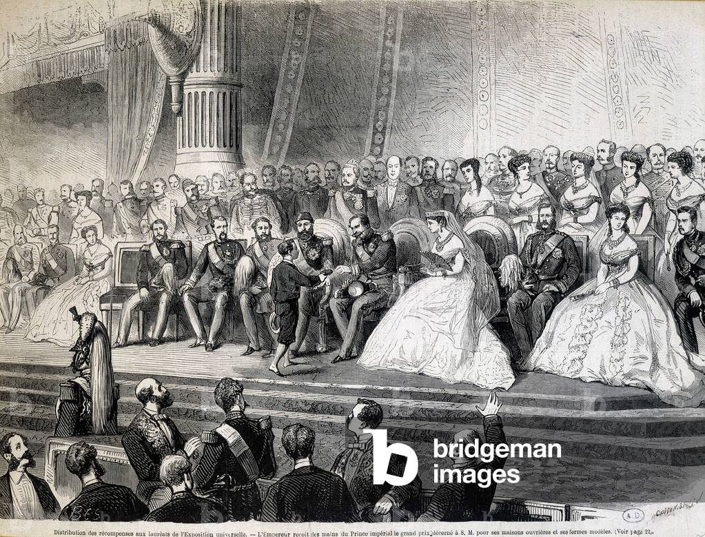Distribution of awards to the laureates of the World Exposition - The Emperor receives from his son, the Imperial Prince, the Grand Prix of his labourers houses and model farms, 1867. The Ottoman Sultan Abdul Aziz (Abd-ul-Aziz or Abd Ul Aziz or Abdulaziz or Abdul-Aziz) (1830-1876) is present.