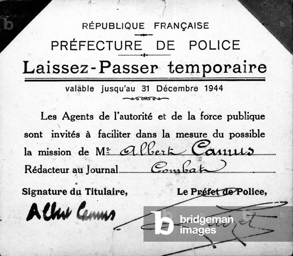 Albert Camus temporary pass, valid until December 31, 1944.