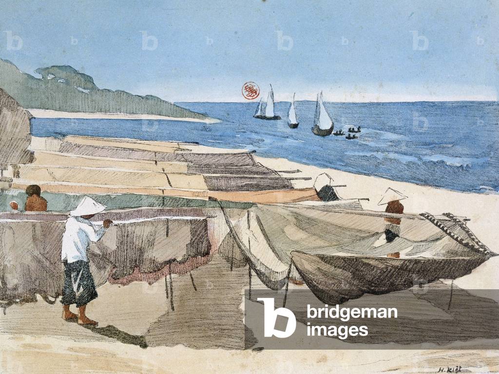 Fishing net drying, Annam, Giadinh Art School, 1938, Hanoi National Library.