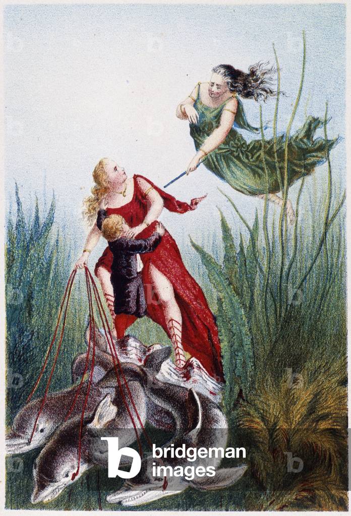A woman attacking another woman and a boy led by dolphins - in “” Journey to the bottom of the sea”” by H. de la Blanchère. Paris, ed. Jouvet et Cie, sd. 1880. (double 02947)