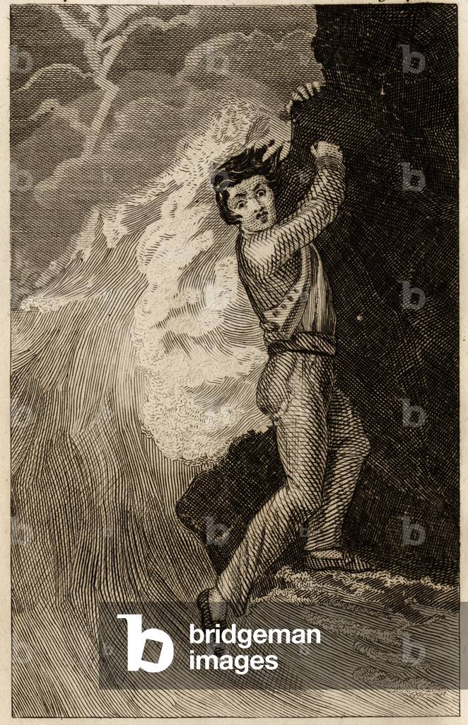 The shipwreck of Robinson Crusoe, engraving inserted in “The adventures of Robinson Crusoe” by Daniel Defoe (1660-1731), edition la librairie d'education, Paris 1838. Selva's collection.