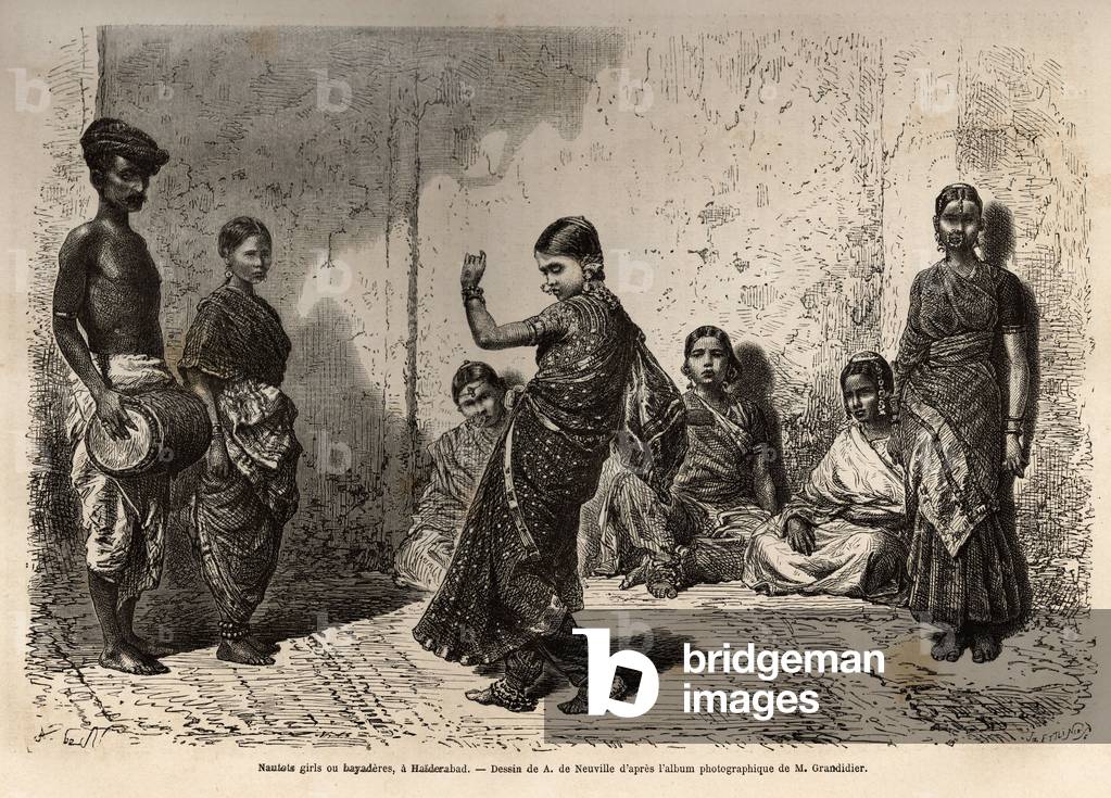 Bayaderes (or devadasi), originally servants of the deities, these young girls dedicated to a temple received a certain education, especially the mastery of dance and enjoyed certain privileges, but their status evolua as waitresses of the Brahman and with the degradation of morals, they became almost prostitutes, here, dancing at Haiderabad, Pakistan. Engraving to illustrate the voyage in the meridional provinces of India, by Alfred Grandidier, in 1862-1864, published in “” le tour du monde””, under the direction of D'Edouard Charton, Hachette, Paris 1869.Selva Collection.