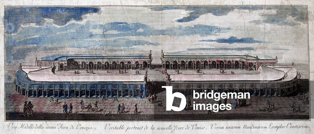 View of the fair of Venice, Italy. Engraving from the 18th century.