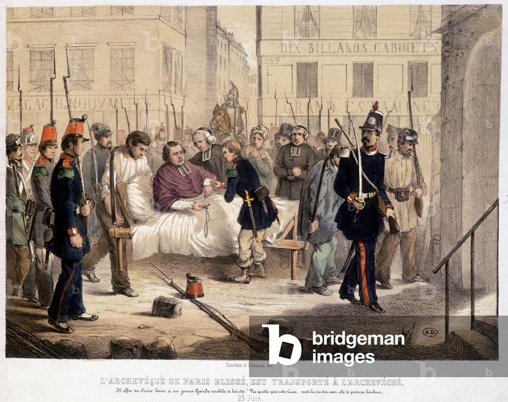 The wounded archbishop of Paris is transported to the archveche, June 25, 1848