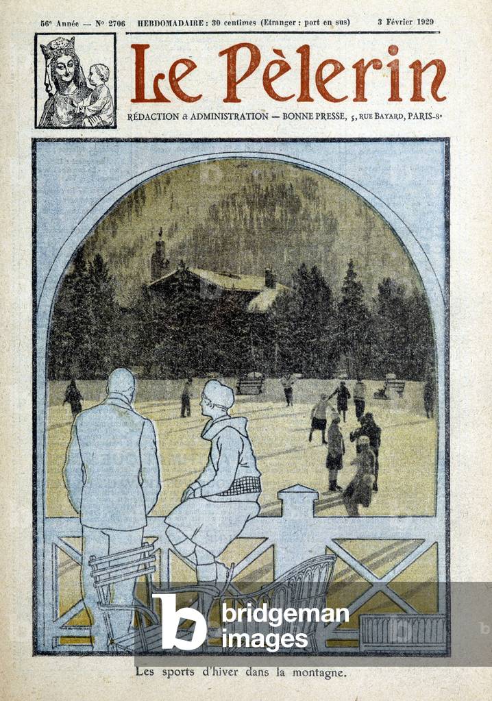 Winter sports in the mountains: couple at the ice rink watching children skate on the ice. Cover illustration of the newspaper 