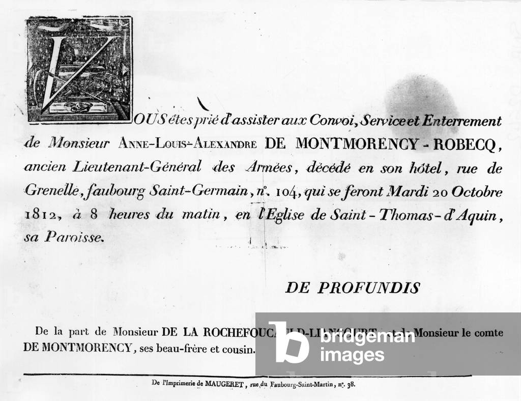 Call for funeral of Alexandre de la Rochefoucauld - Family Archives.