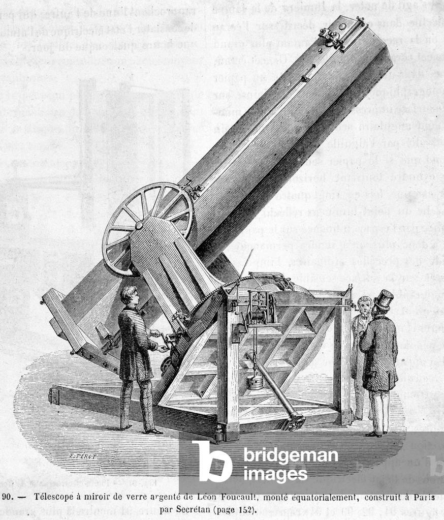 Glass mirror telescope by Léon Foucault, mounted equatorally, built in Paris by Secrétan - in “The wonders of science”” by Louis Figuier, 19th century