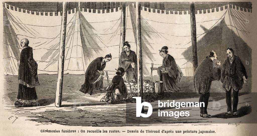 Funeral ceremonies: after incineration, collection of remains. Engraving to illustrate the voyage to Japan in 1863-1864, by Aime Humbert, minister of the Swiss Confederation, in “Le tour du monde, nouveau journal des voyages”, published under the direction of Edouard Charton, 1866, Paris. Selva Collection.