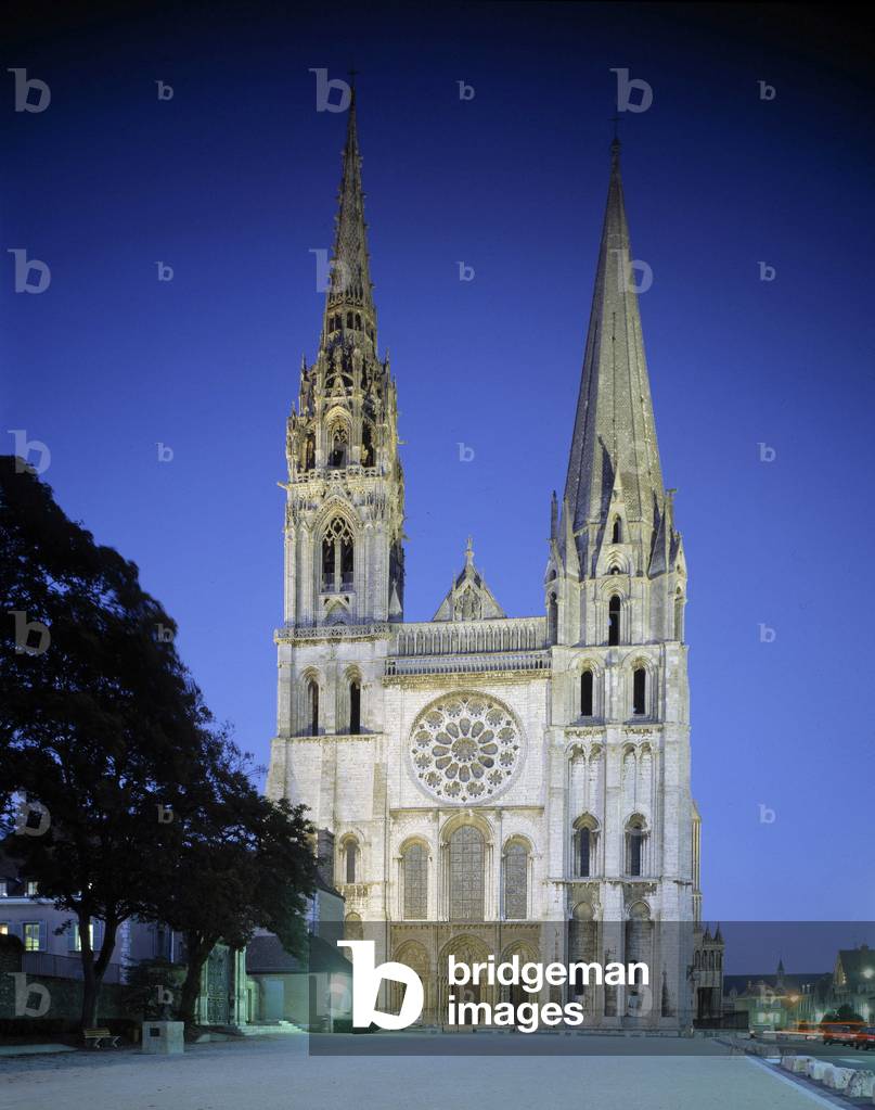 View from the outside of the Cathedrale de Chartres at the tombee of the night.
