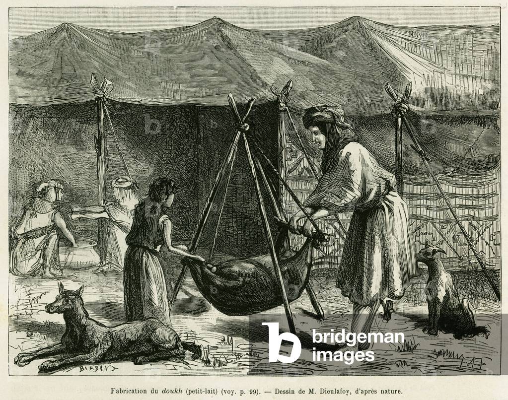 The manufacture of milk by the women of shepherds of the Karoun region. Engraving to illustrate the story La Perse, la Chaldee et la Susiane by Jane Delafoy (1851-1916), academy officer, in le tour du monde 1886, directed by Edouard Charton (1807-1890), Hachette, Paris.